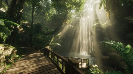 Obraz premium Jungle waterfall pathway sunlight
