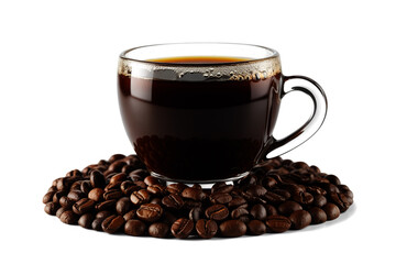 Fototapeta premium Brown Coffee Cup with Fresh Coffee Surrounded by Roasted Coffee Beans on White Background
