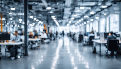Obraz premium Blurred office interior background with a blurred door and glass wall, blurry bokeh light effect for a business concept design. High-quality photo, taken with a telephoto lens in realistic daylight.