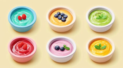 nutritious baby food with different flavors in bowls. ai generative