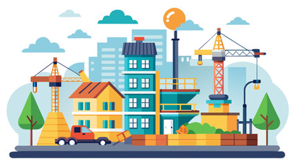Vector art of towering cranes and trucks are busy at a construction site building modern city apartments and houses
