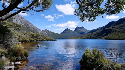 Framed lake and mountains under blue sky
