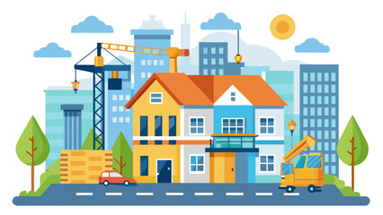 Vector art of a lively construction site with houses, a crane, and a car, set against a backdrop of city buildings and a sunny sky