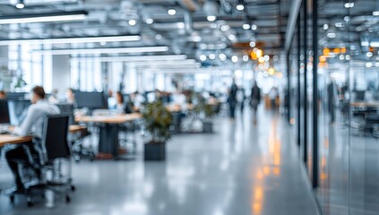 Obraz premium Blurred office interior background with a blurred door and glass wall, blurry bokeh light effect for a business concept design. High-quality photo, taken with a telephoto lens in realistic daylight.