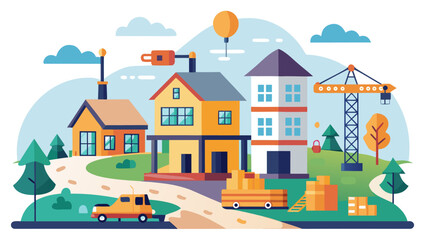 Vector art of a charming illustration depicting a developing neighborhood with houses, cranes, and a road