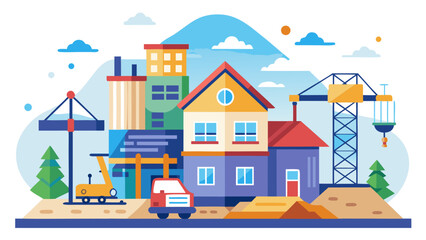 Obraz premium Vector art of a dynamic illustration of a city under development, featuring cranes, buildings, and a truck