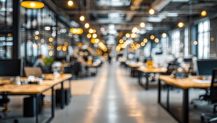Blurred office interior background with a blurred door and glass wall, blurry bokeh light effect for a business concept design. High-quality photo, taken with a telephoto lens in realistic daylight.