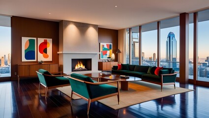 Premium high dynamic range hdr photo of a modern rustic living room with fireplace classic leather sofas decorative lighting and refined home accessories highlighting an elegant home interior