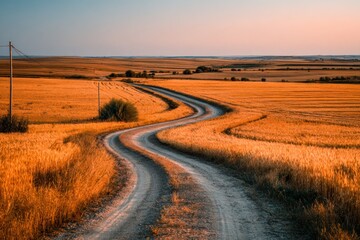 Winding dirt road through golden fields at sunset
