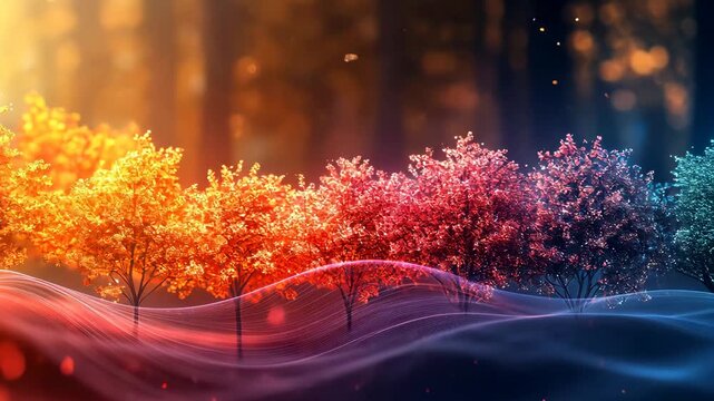 Harmonic tree scene with digital wave simulation and vibrant color transitions, a nature inspired