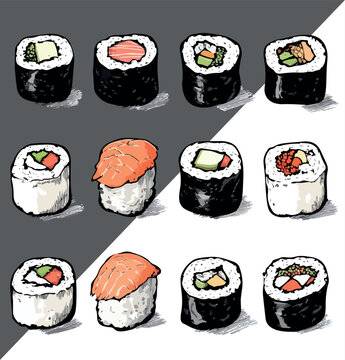set of vector drawing design of suhi rolls 