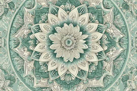 Intricate, detailed, floral mandala in muted teal and cream