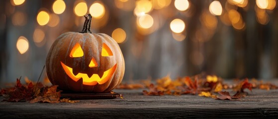 The glowing pumpkin surrounded by autumn leaves and festive lights.