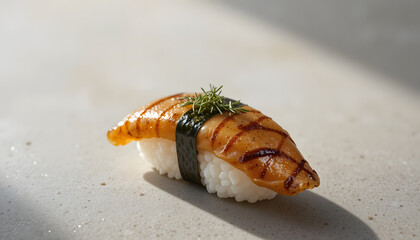 Realistic Grilled Unagi Sushi with Caramel Glaze and Seaweed on Sushi Rice – Soft Neutral Background
