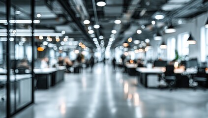 Blurred office interior background with a blurred door and glass wall, blurry bokeh light effect for a business concept design. High-quality photo, taken with a telephoto lens in realistic daylight.