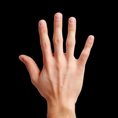 Close-Up View of a Human Hand with Five Outstretched Fingers Against a Black Background for Artistic and Creative Uses