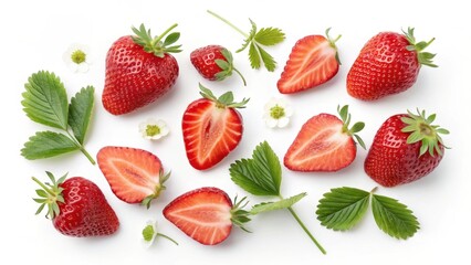Ripe strawberries halved and whole, nestled with verdant leaves and delicate blossoms against pristine white surface