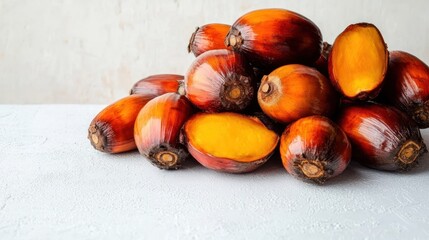 Pile of oil palm fruits, some halved, on a light surface