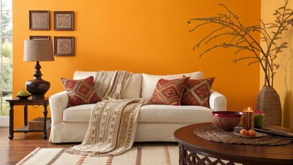 Plush sofa featuring ethnic pillows, soft throw draped across cushions, complementing minimalist living space with warm orange accent wall