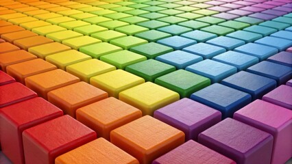 Colorful wooden cubes creating gradient rainbow pattern, forming seamless textured surface ideal for design backgrounds