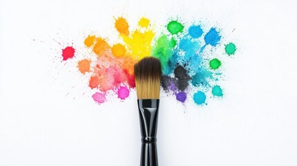 Colorful paint splatters around a paintbrush