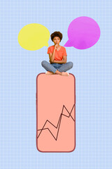 Vertical pop sketch 3d collage of happy businessman businesswoman sit phone graph development...