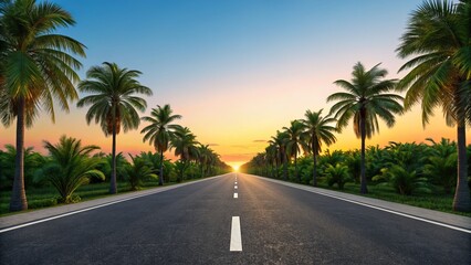 A straight asphalt road lined with palm trees leads to a vibrant sunset on the horizon