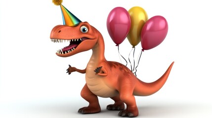 Cartoon dinosaur in party hat with balloons