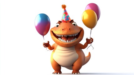 Cartoon T-Rex with party hat and balloons
