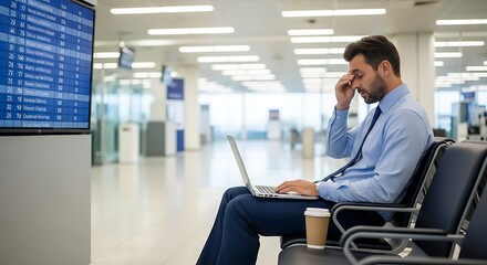 Stressed businessman working on laptop in airport waiting area.
