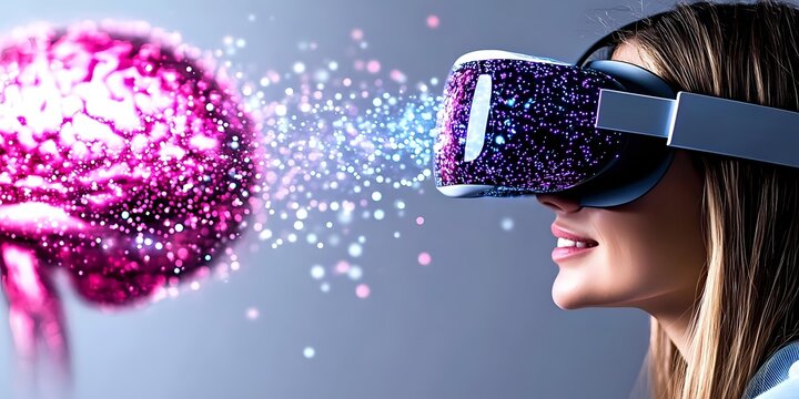 Young woman wearing VR headset with glowing pink particles flowing from digital brain visualization, representing neural connection and virtual reality experience.