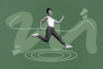 Picture collage of person levitate run on green color background with geometry lines