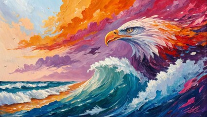 Colorful and vibrant painting of a majestic bald eagle emerging from an ocean wave with a beautiful sunset in the background