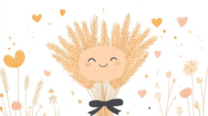 Cute wheat head with happy face, surrounded by hearts and flowers