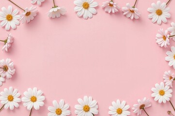 Daisies Lined Around Pink Background, Floral Frame, Soft Pastel Decor, Springtime Blank Space, Botanical Arrangement, Minimal Design

