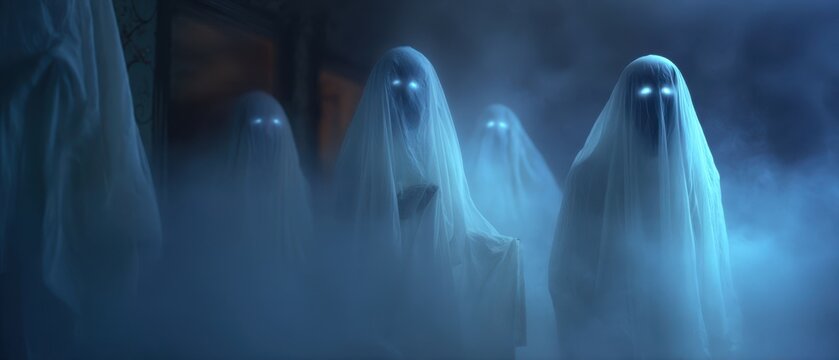 The ghostly figures emerging from the fog create an eerie atmosphere of dread.