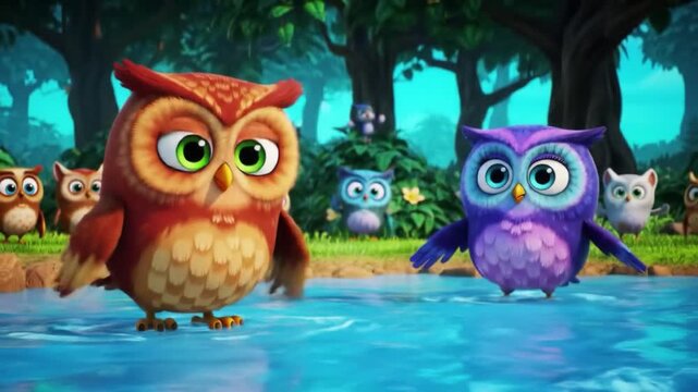 Adorable cartoon owls frolic in a whimsical forest lake, showcasing playful animation and vibrant nature scenes.