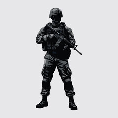 Silhouette of a soldier with a weapon on the battlefield