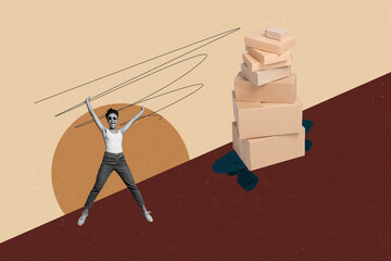 Exclusive magazine picture sketch collage image of happy girl guy stand box delivery service...