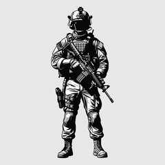 Silhouette of a soldier with a weapon on the battlefield