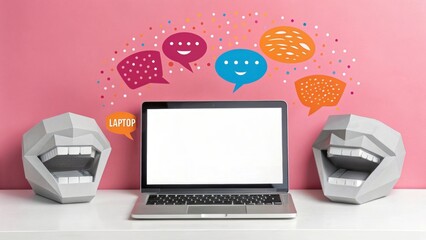 Laptop with blank screen exchanging messages with two polygonal mouths on pink background, representing online communication and virtual discussion