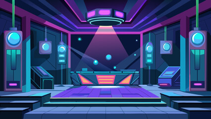 Vector art of a stylish stage with a dj booth and a glowing dance floor, illuminated by colorful spotlights and modern fixtures