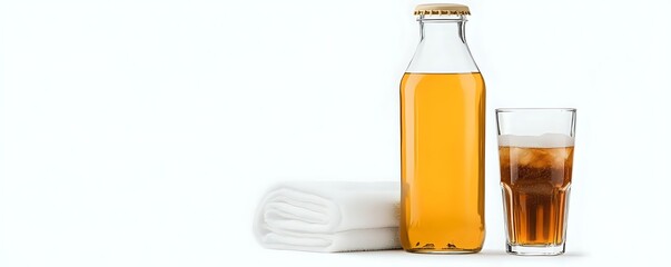 Fresh cold kombucha tea in glass bottle and drinking glass with ice cubes on white background, healthy fermented probiotic beverage with copy space.