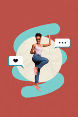 Poster graphics collage of person win on color background with textbox like icon