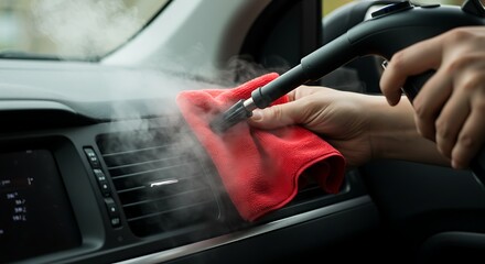 Spotless Interior: Hands Expertly Using a Steam Cleaner to Remove Grime from a Car's Air Vent, Ensuring a Pristine and Hygienic Environment