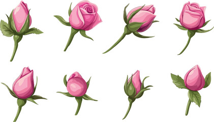 set of adorable colourful drawn cartoon roses flowers
