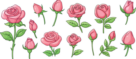 set of adorable colourful drawn cartoon roses flowers