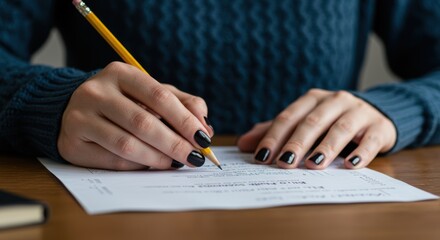 Student writes with pencil filling out form concept showing education testing and academic assignments on paper