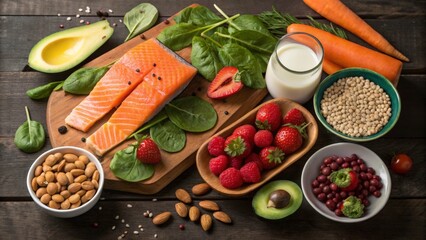 Nutritious salmon, spinach, berries, and nuts representing wholesome ingredients supporting optimal health and balanced dietary choices