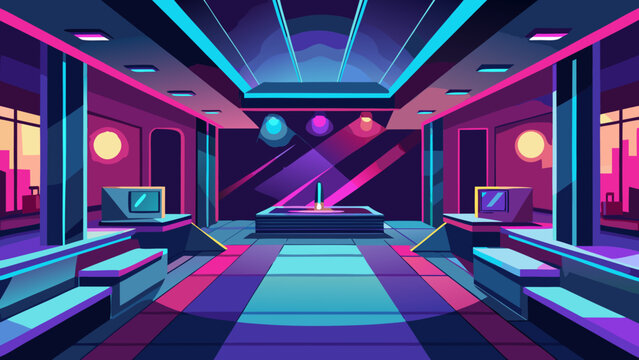 Vector art of a stylish futuristic lounge with a central water feature and striking neon lighting, overlooking a city